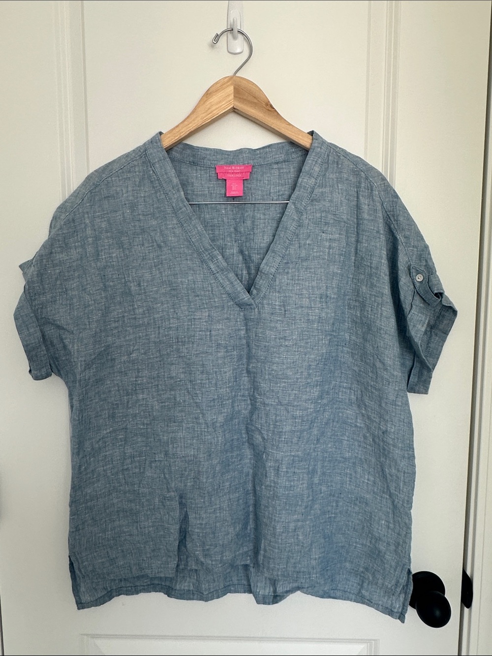 Isaac Mizrahi Women’s V-Neck Linen Tunic Chambray Blue L